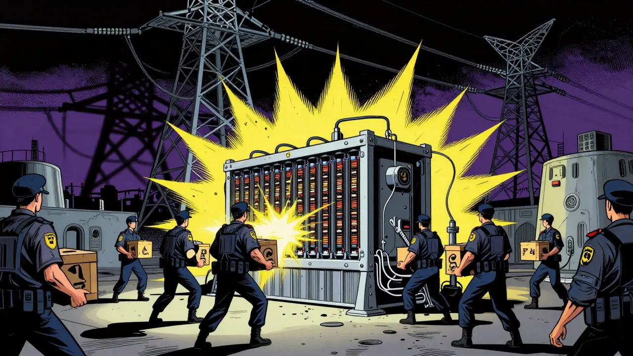 Officials seizing industrial mining equipment near a towering power grid