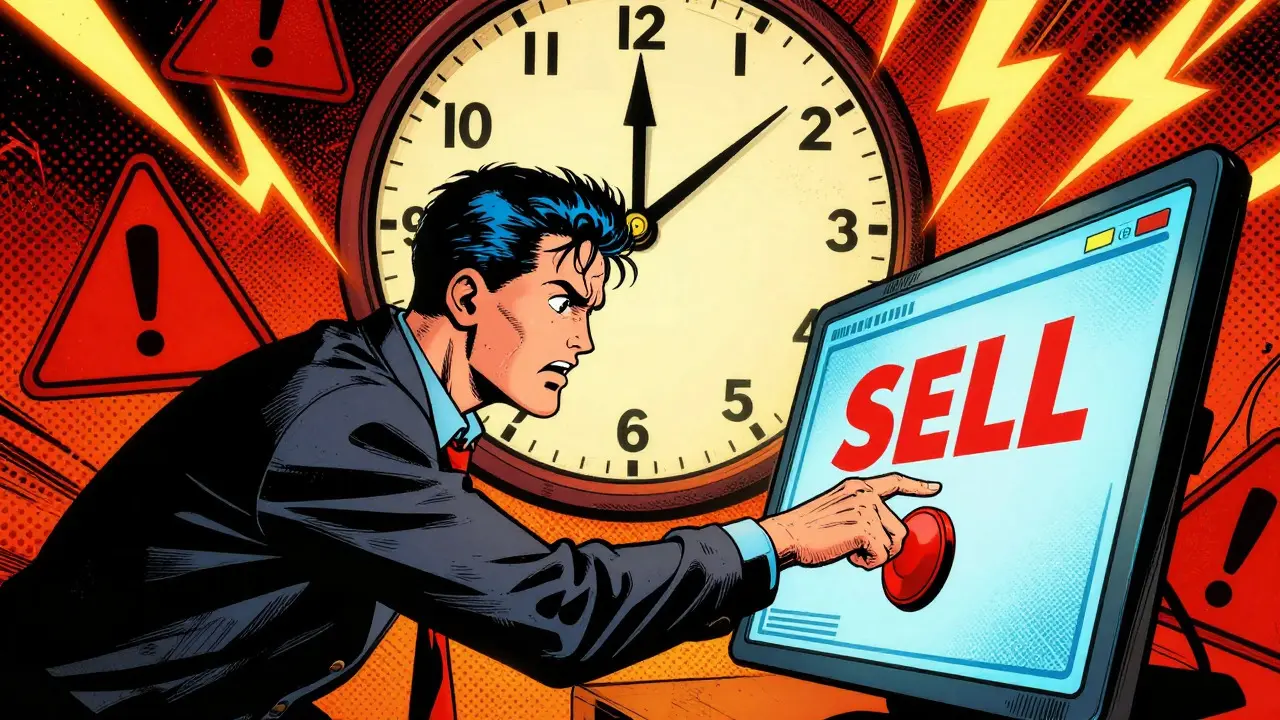 Pop art comic: Anxious trader faces clock ticking down, avoiding short-term crypto tax penalty