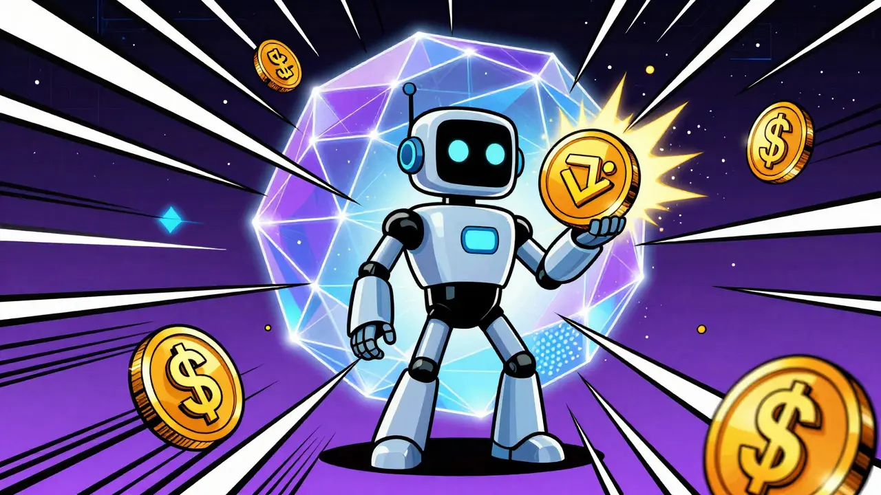 Pop art comic of a robot trading tokens in a neon Polygon network