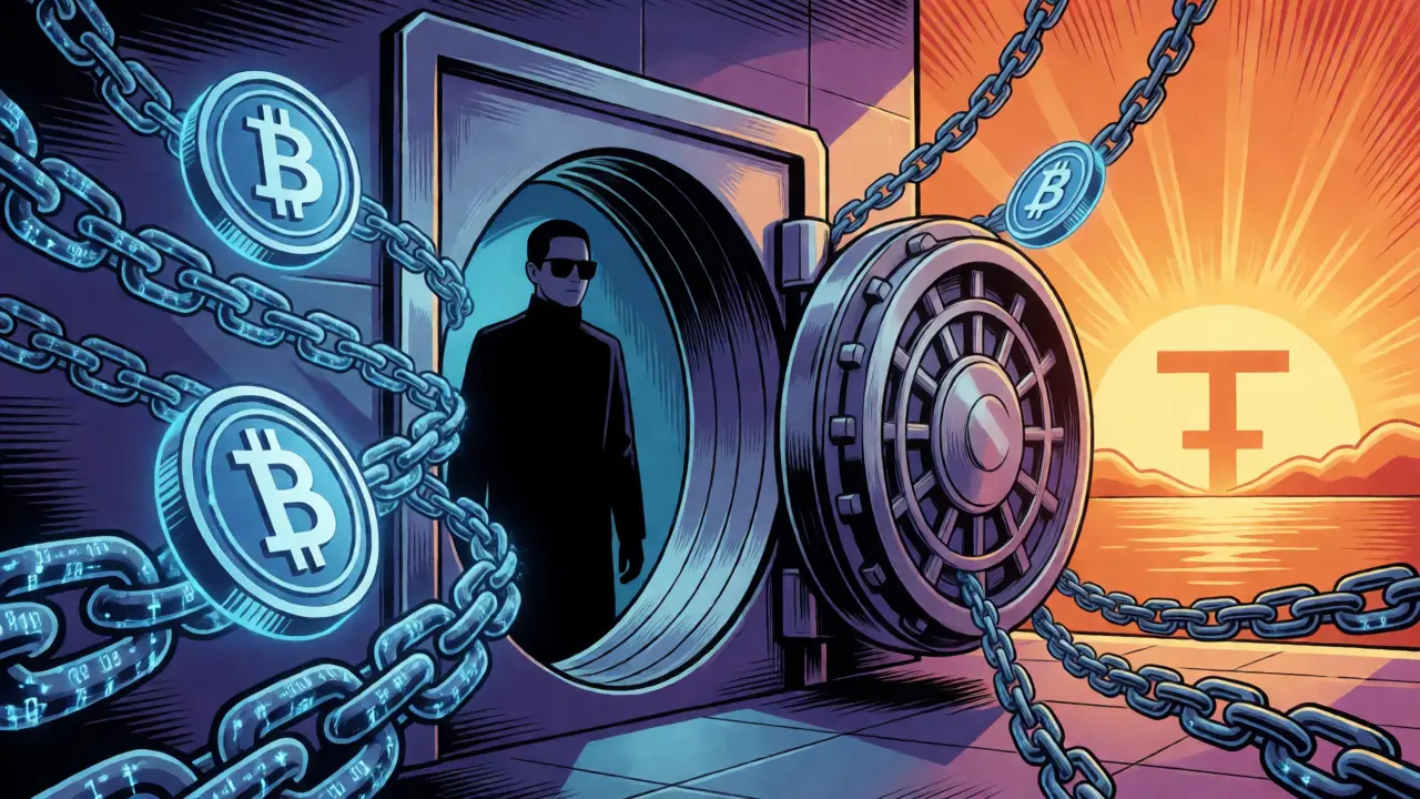 Pop art comic showing a regulatory vault freezing crypto assets with data chains.