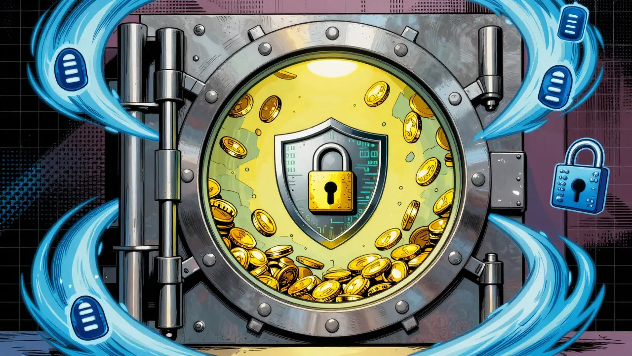 Pop art comic showing a secure vault protecting digital assets with a shield