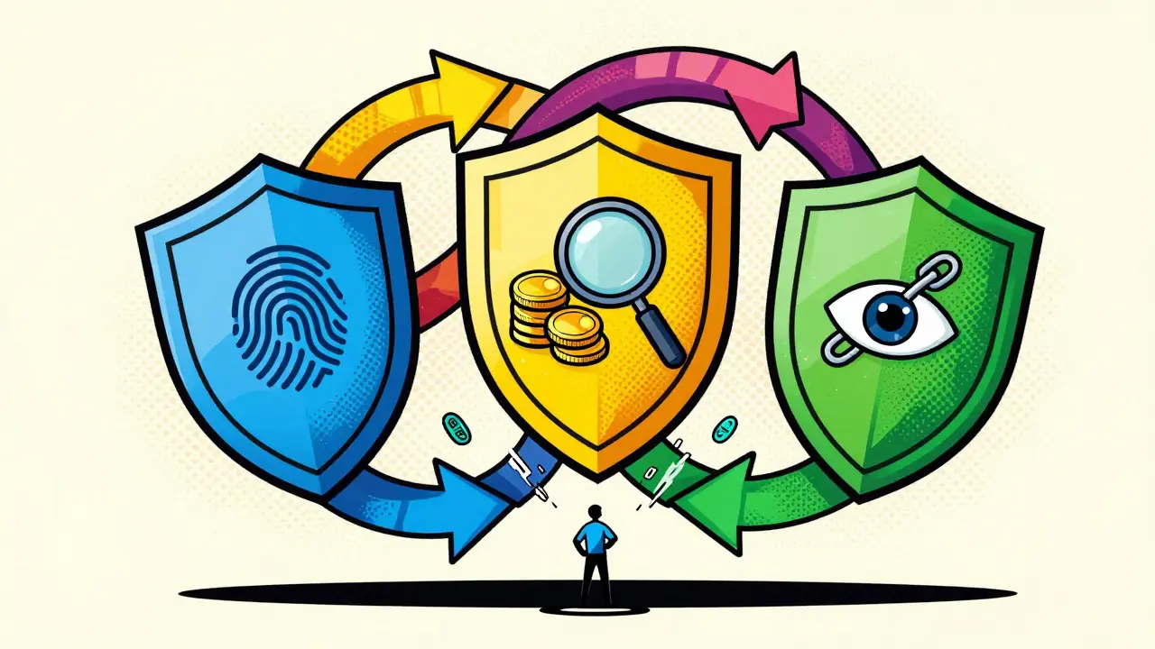 Pop art comic showing three interconnected shields representing crypto compliance pillars
