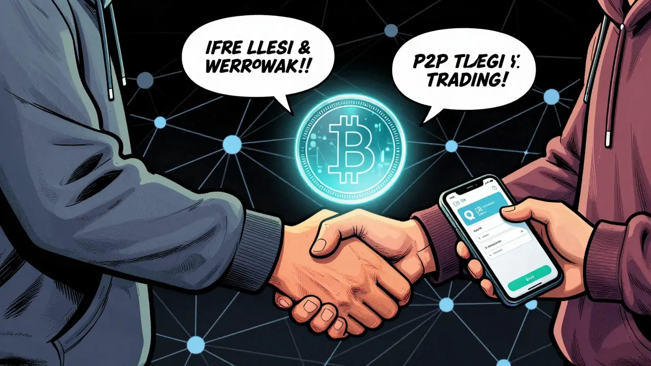 Pop art comic showing two people exchanging a digital coin via peer-to-peer trade