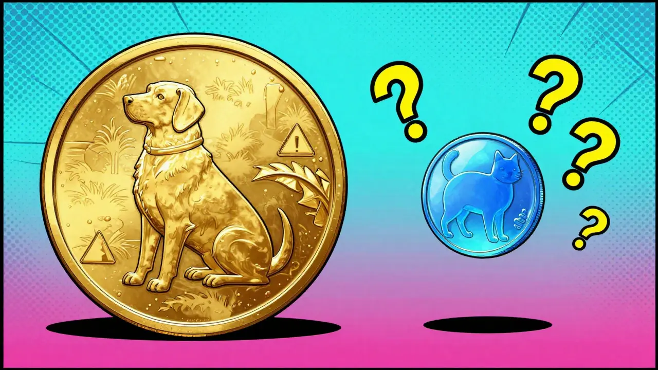 Pop art comparison of stable dog coin vs risky tiny cat token