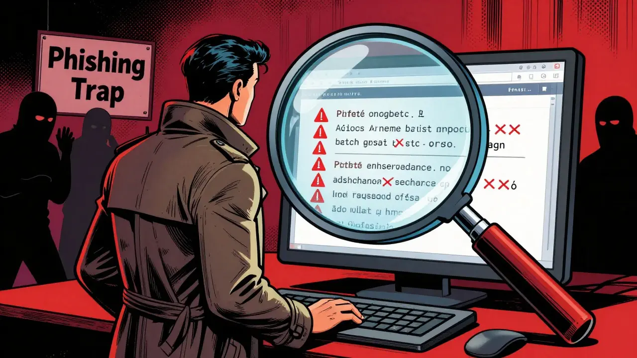 Pop art detective inspecting fake crypto site for scams