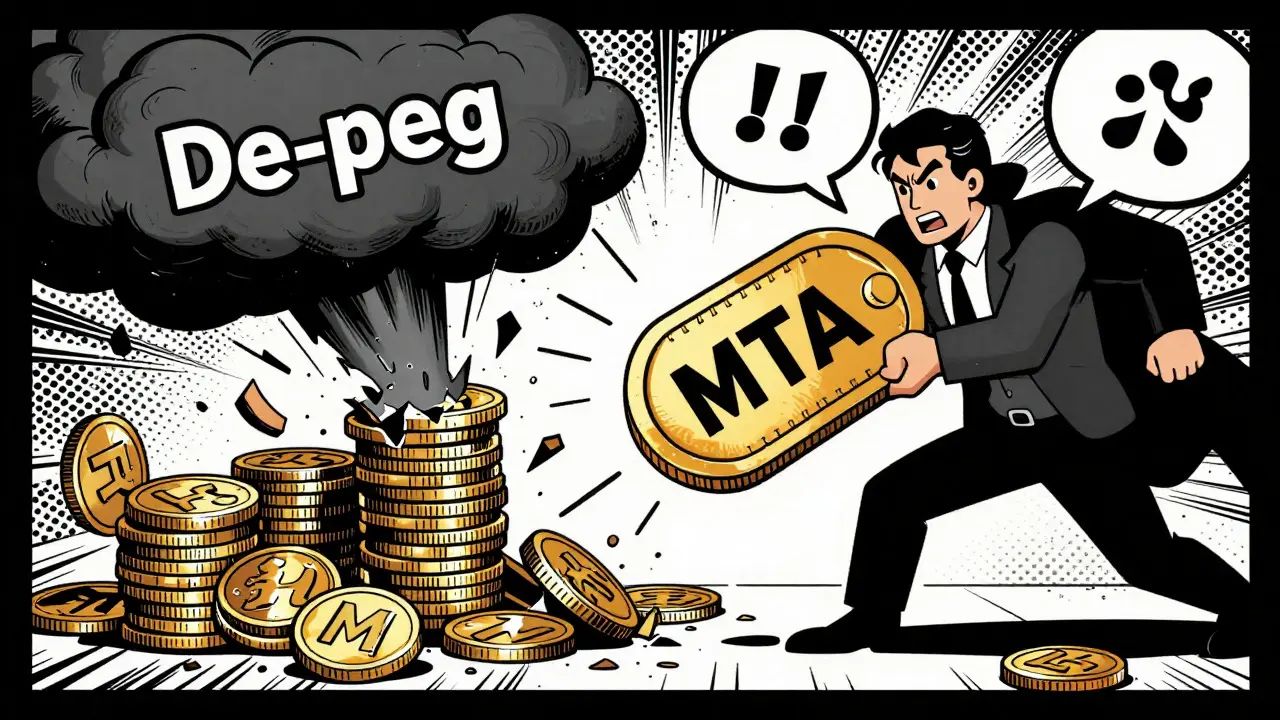 Pop art hero using MTA tokens to fix a de-pegging crisis in a comic panel.