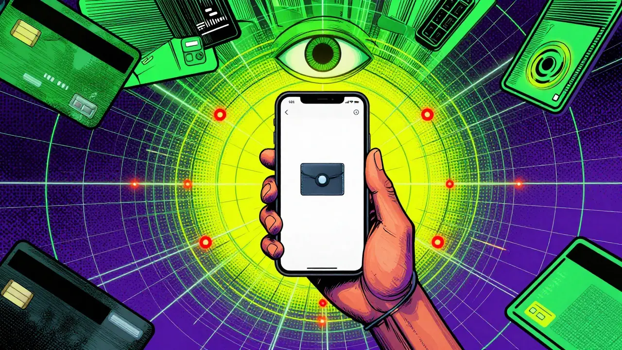 Pop art illustration of a phone surrounded by digital surveillance grids and warning lights