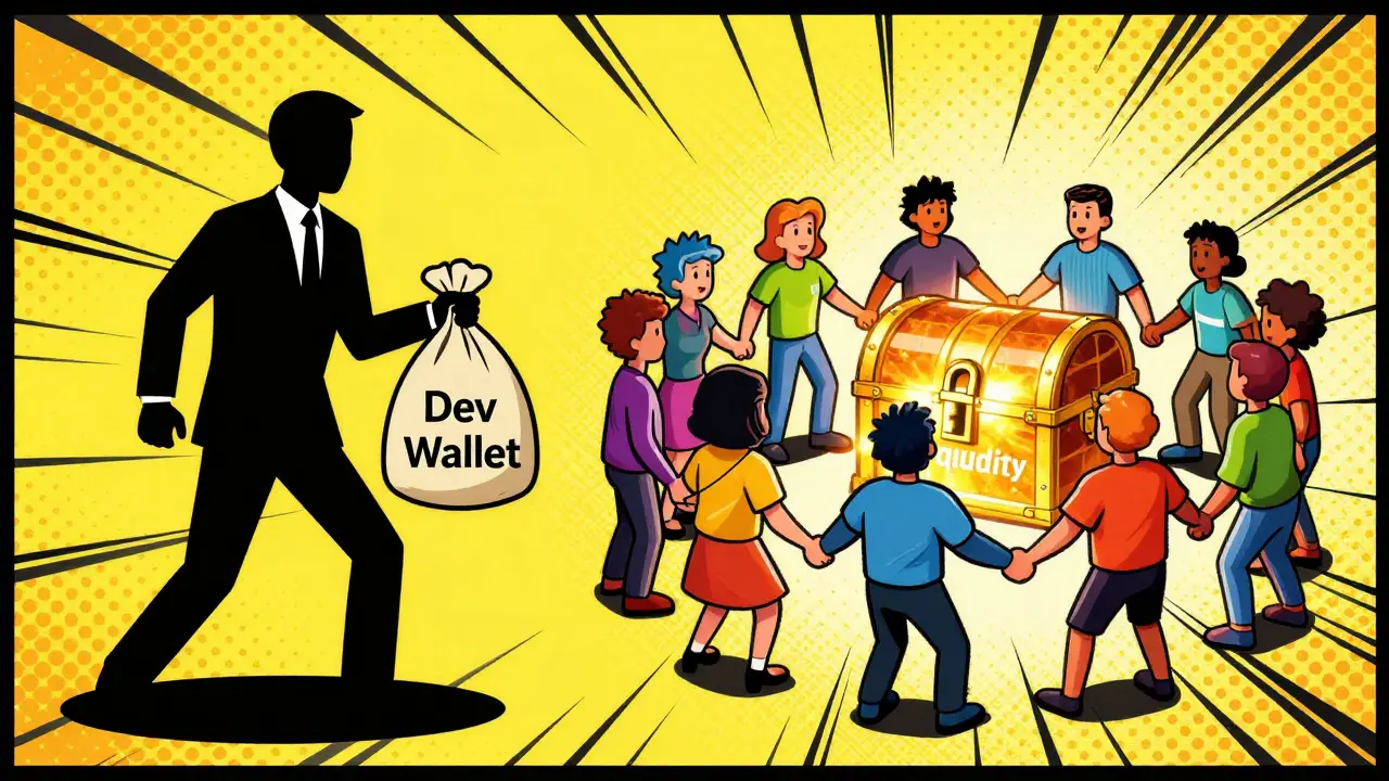 Pop art illustration of community protecting locked crypto liquidity