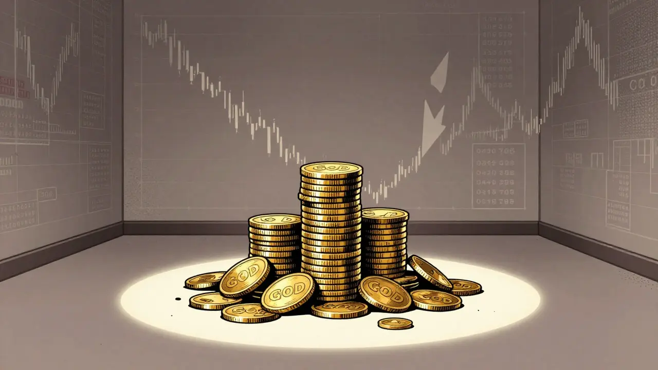 Pop art image of shrunken GOD coin stack symbolizing lost market value and silence.