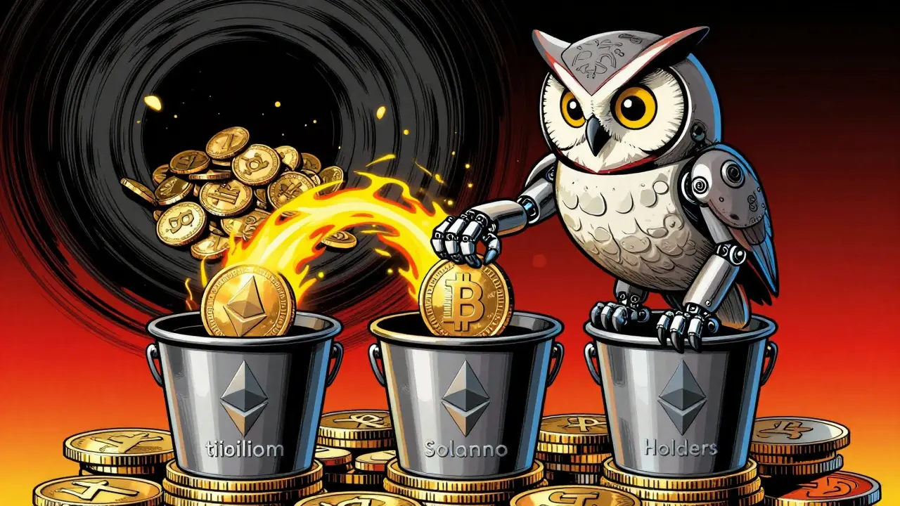 Robot owl managing token burns and fee distribution in a pop art comic scene