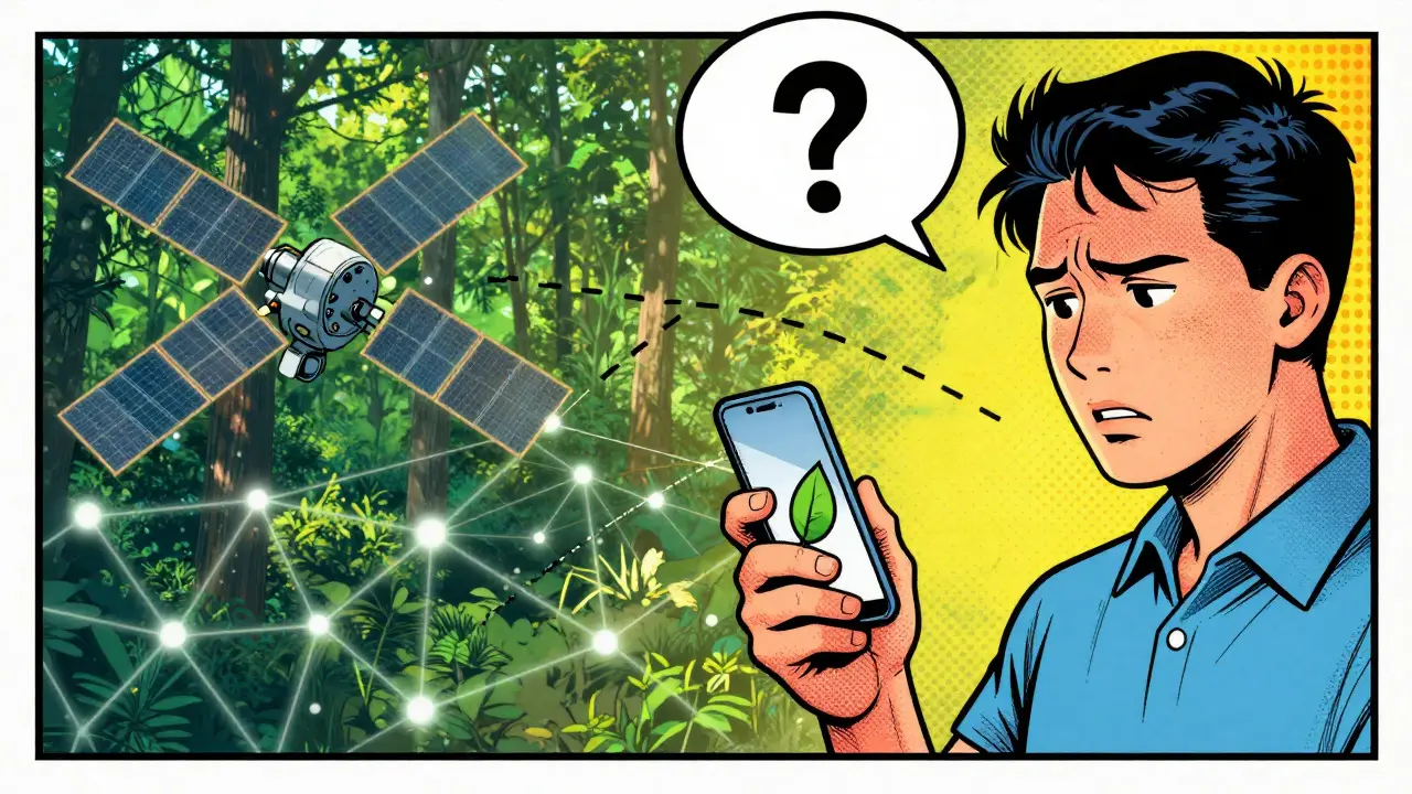 Skeptical user questions tree-planting claims in pop art style