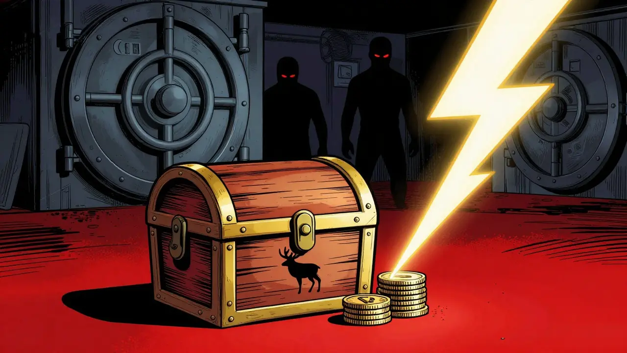 Small treasure chest and shadows illustrating DeFi risks in pop art comic style