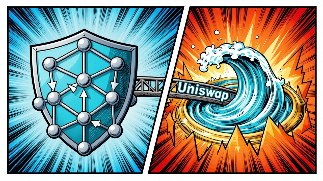 Split-screen comic comparing decentralized node networks and on-chain liquidity pools