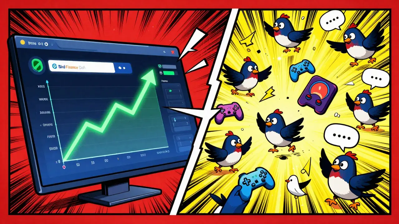 Split screen comparing legitimate DeFi dashboard versus confusing bird-themed apps
