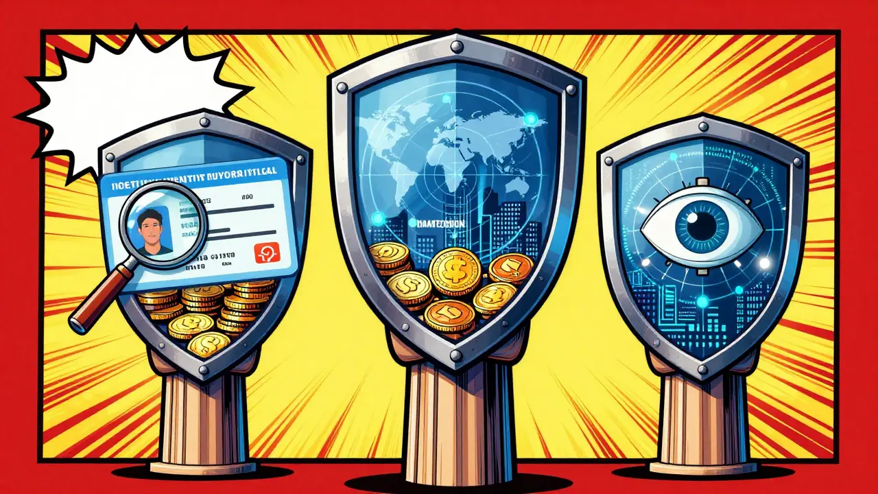 Three comic pillars supporting a shield protecting digital assets