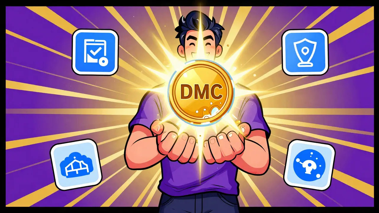 Triumphant figure holding a glowing DMC token surrounded by governance and yield symbols