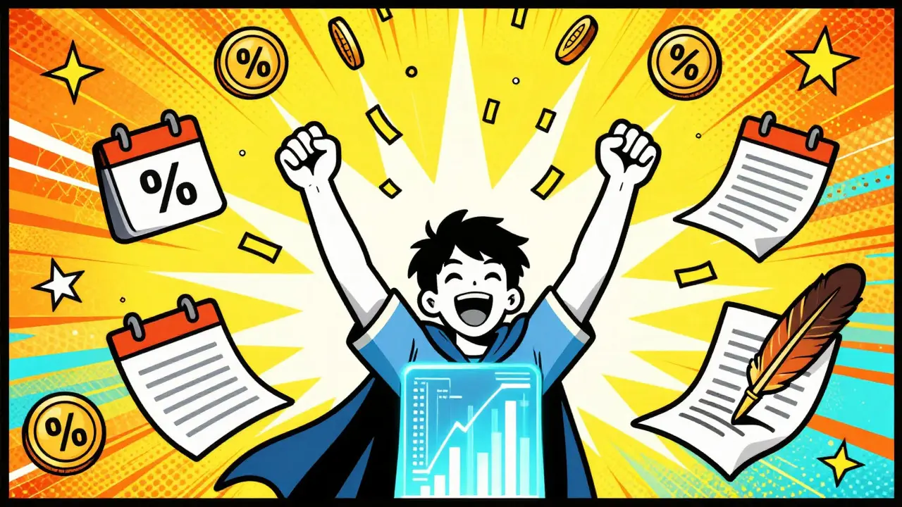 Triumphant user receiving golden token rain with abstract tax record symbols in pop art style
