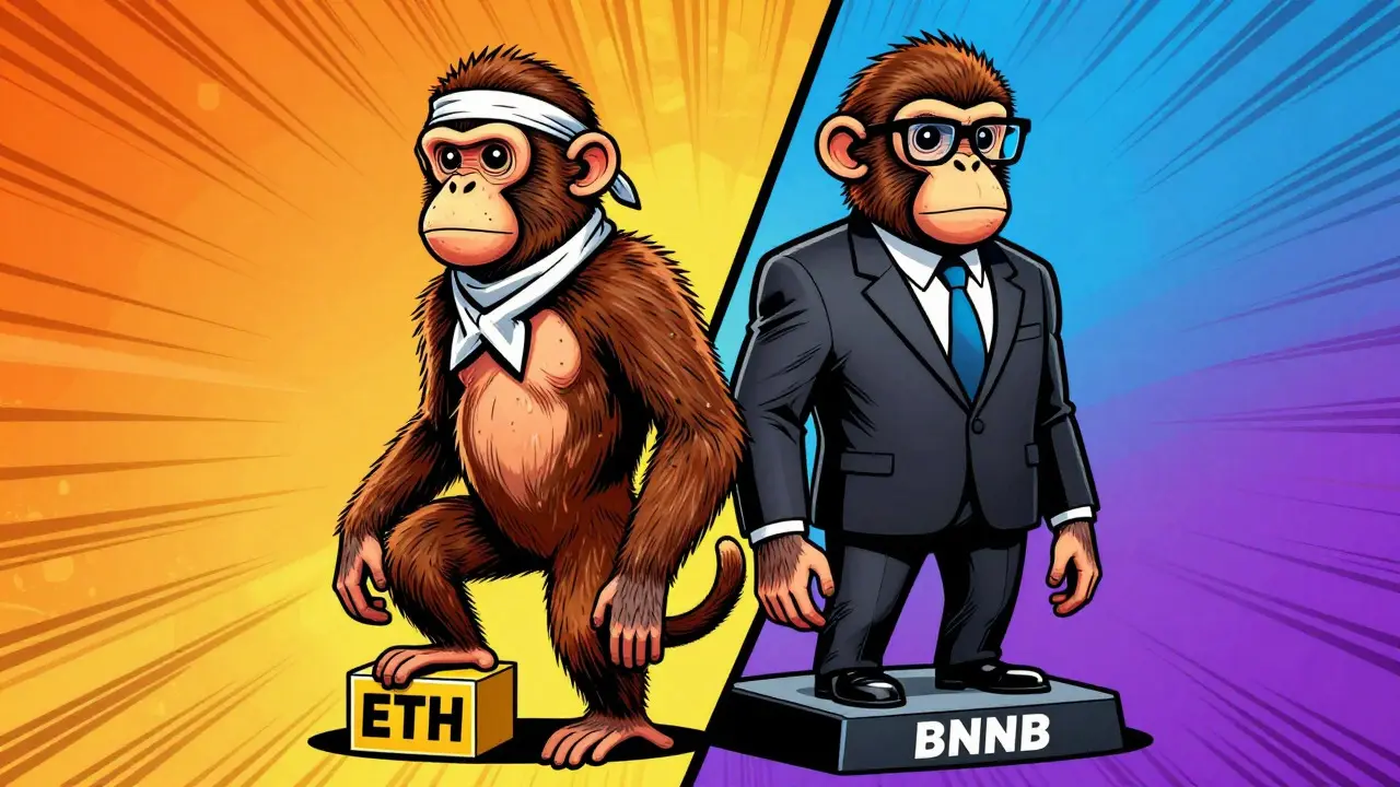 Two comic monkeys contrasting decentralized vs corporate crypto styles