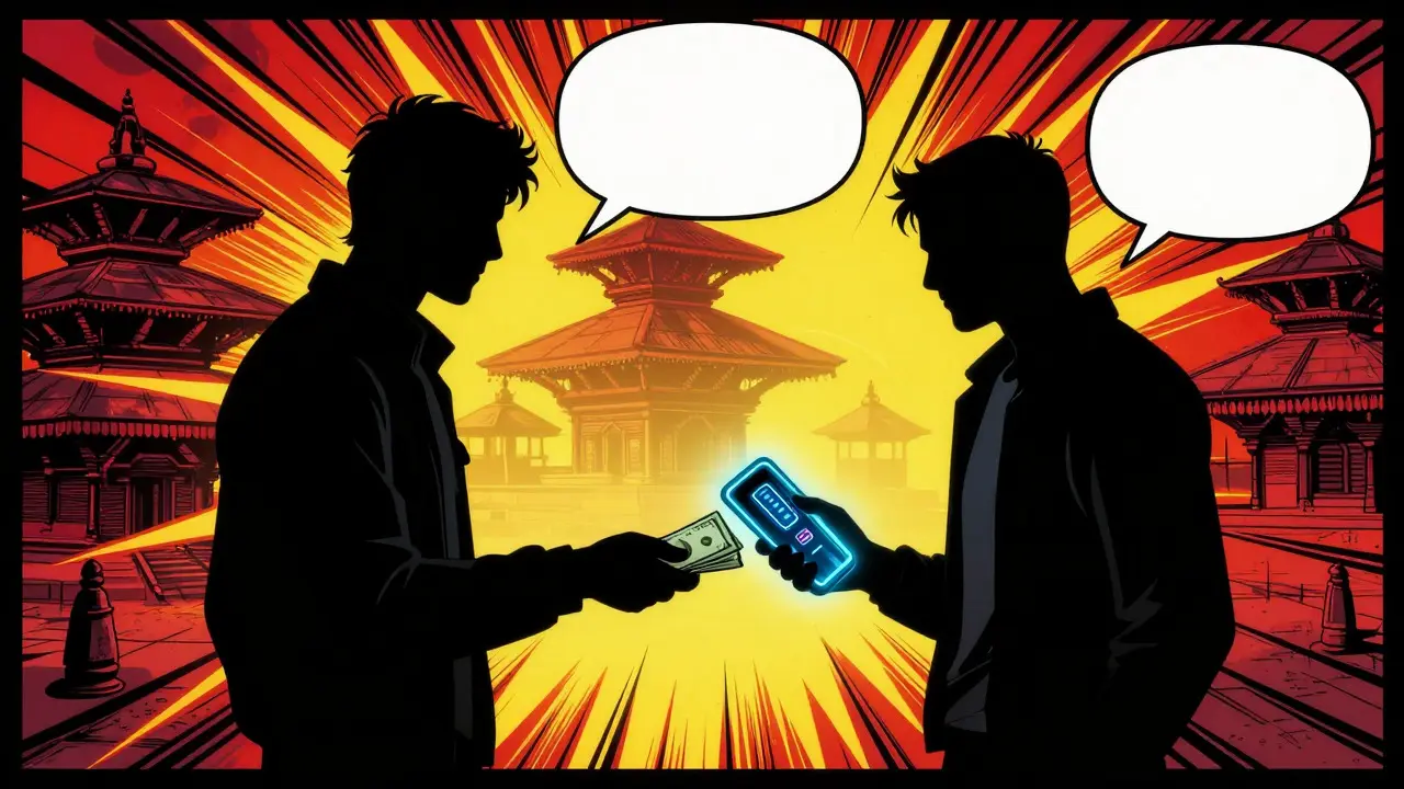 Underground P2P crypto trade in Kathmandu, comic style