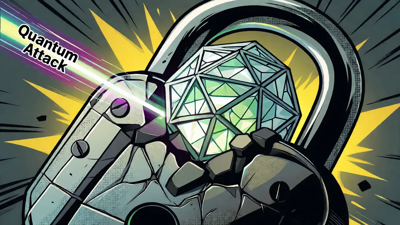 A broken padlock replaced by a glowing lattice structure symbolizing quantum-resistant crypto.