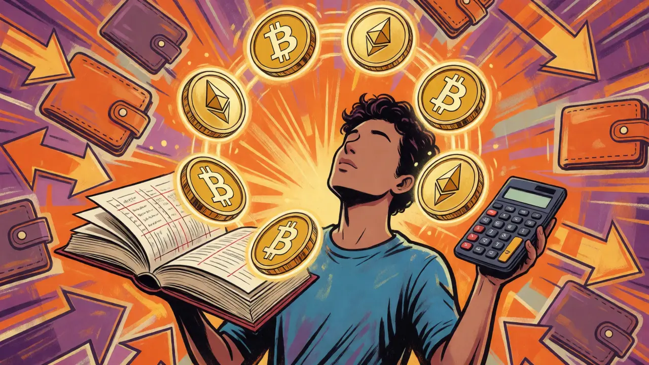 Character juggling crypto tokens and ledgers in a chaotic pop art scene