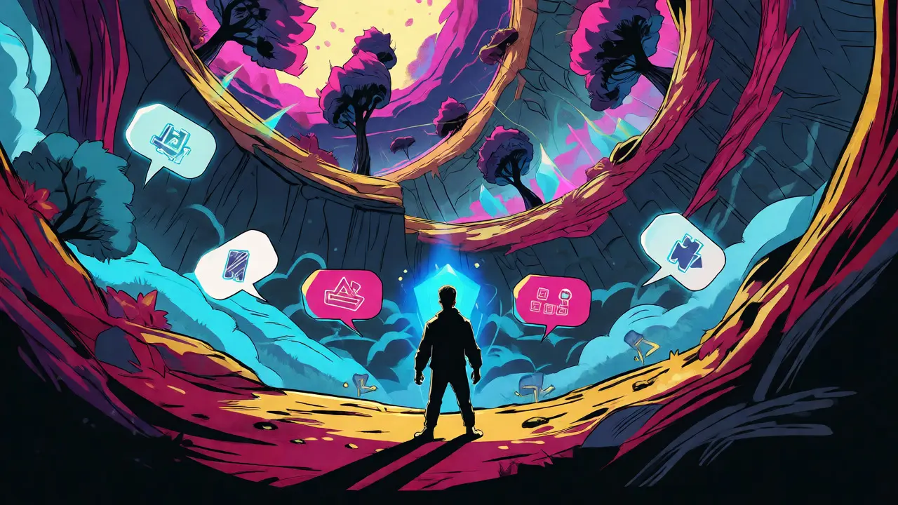 Comic book art showing a player in a shifting, AI-generated game environment with morphing terrain.