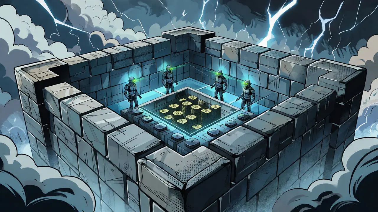 Comic book fortress guarding crypto assets from market volatility
