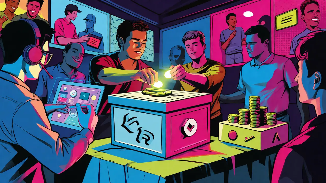Comic book scene of users interacting with exchange platforms and voting mechanisms.