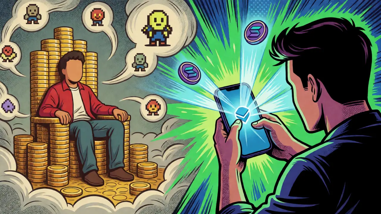 Comic illustration contrasting passive meme coin holders with active play-to-earn gamers.