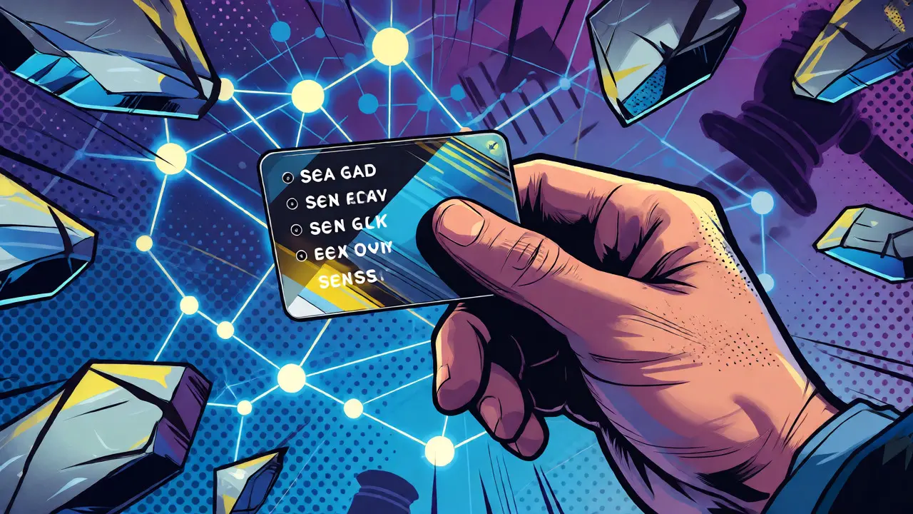 Comic style close-up of a hand holding a seed phrase card amidst digital shards.