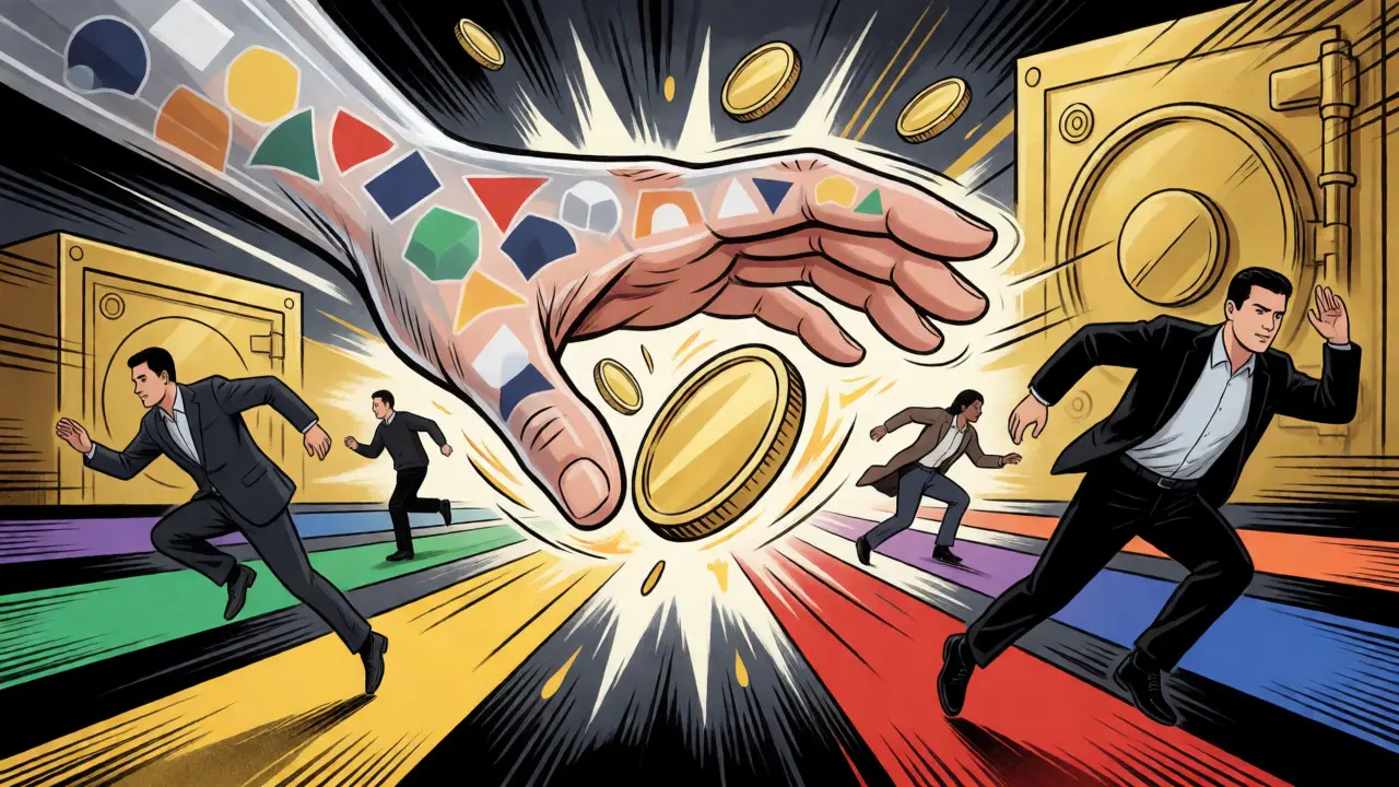 Comic style depiction of Iranian actors evading financial sanctions