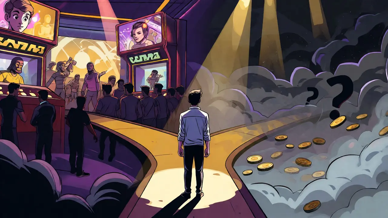 Comic style developer at a crossroads between a vibrant game arcade and an uncertain future.