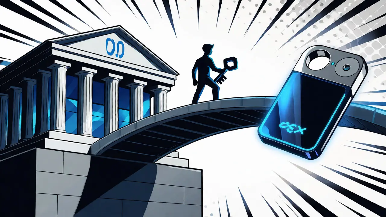 Comic style illustration of a bridge linking a bank to a self-custody wallet.