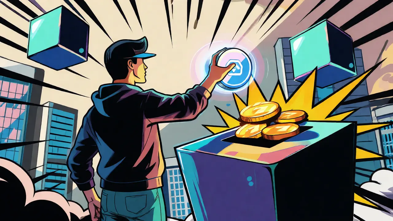 Comic style illustration of a user voting with MX tokens to earn ZAM rewards.