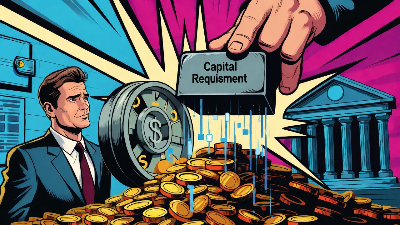 Comic style illustration of heavy capital costs crushing a business owner near a vault