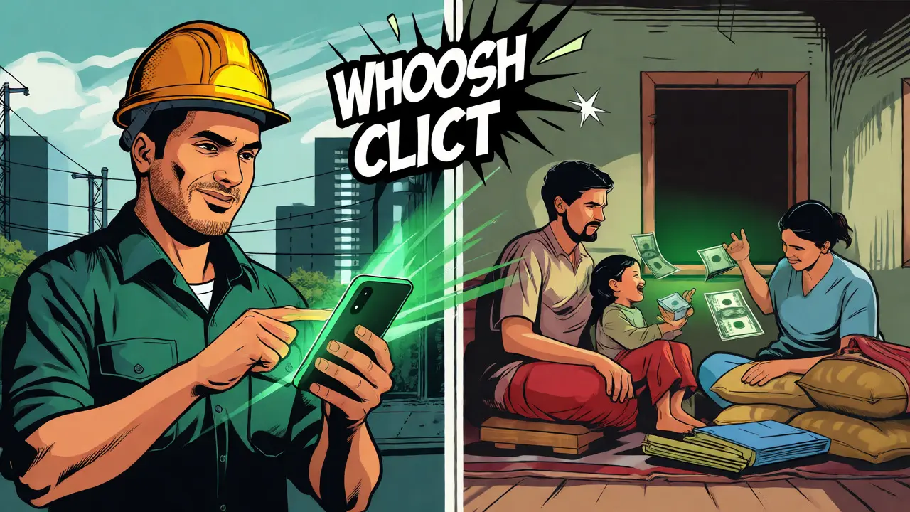 Comic style split-screen of worker sending stablecoins to family