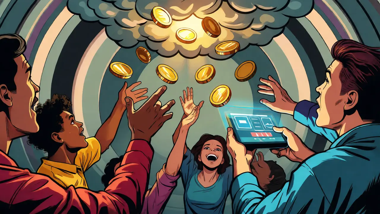 Community members catching falling crypto coins in pop art style