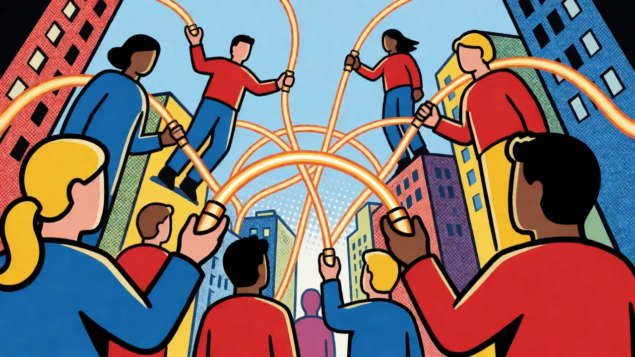 Digital avatars connected by glowing cables in a colorful pop-art cityscape symbolizing P2P sharing.