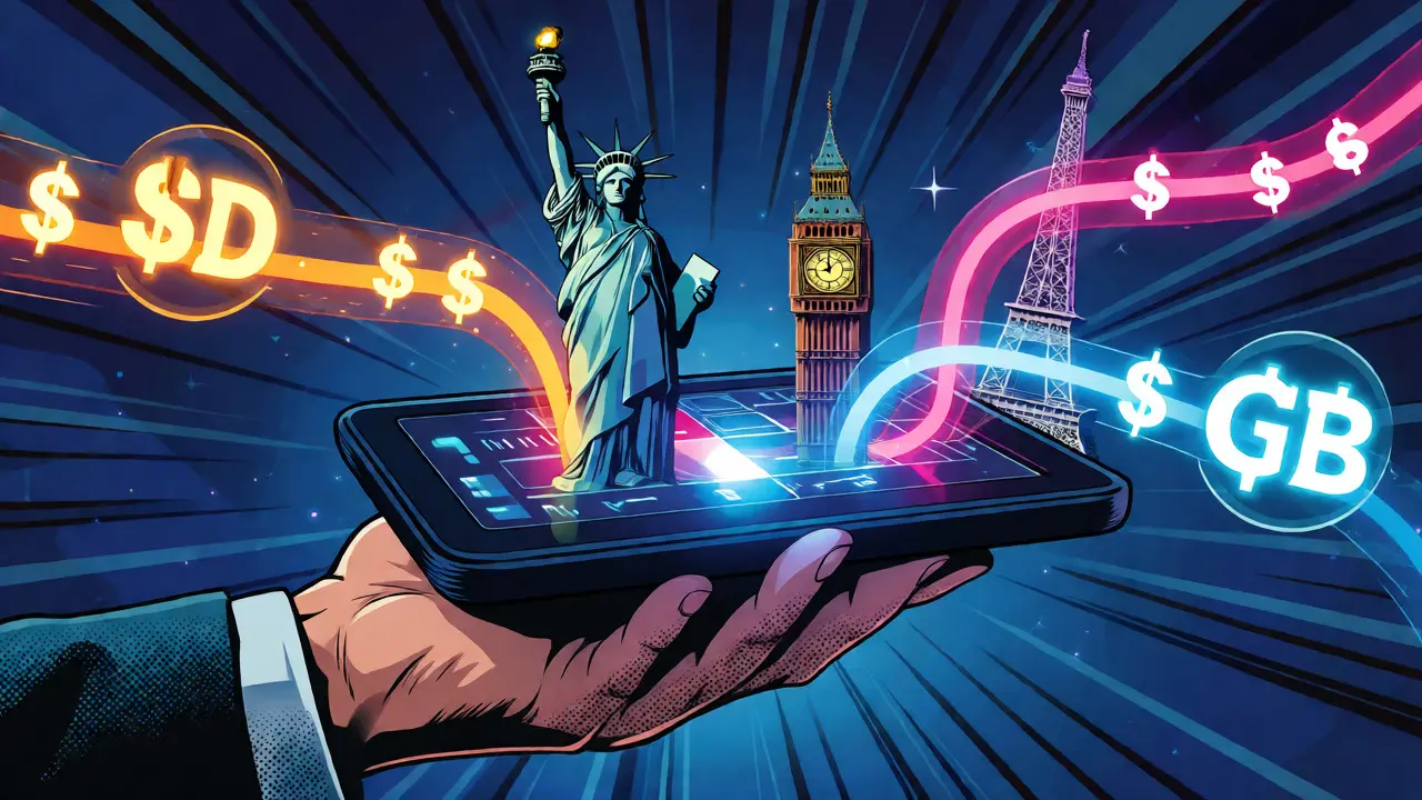 Digital hub connecting global landmarks with fast-moving currency streams