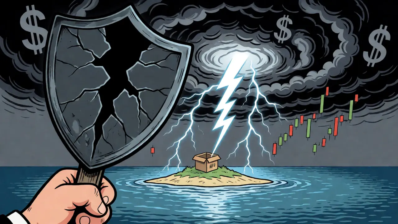 Dramatic comic illustration of a cracked shield warning over an isolated crypto island.