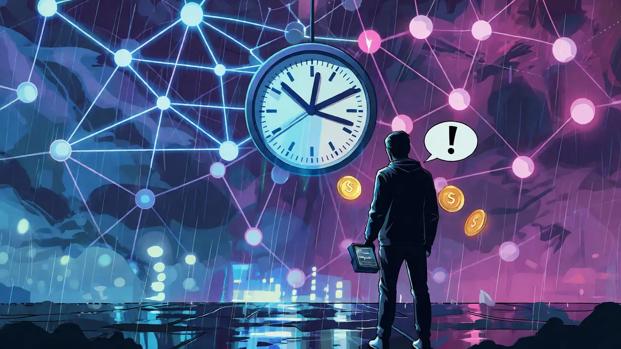 Figure standing before a glowing privacy network map with a countdown clock in the sky.