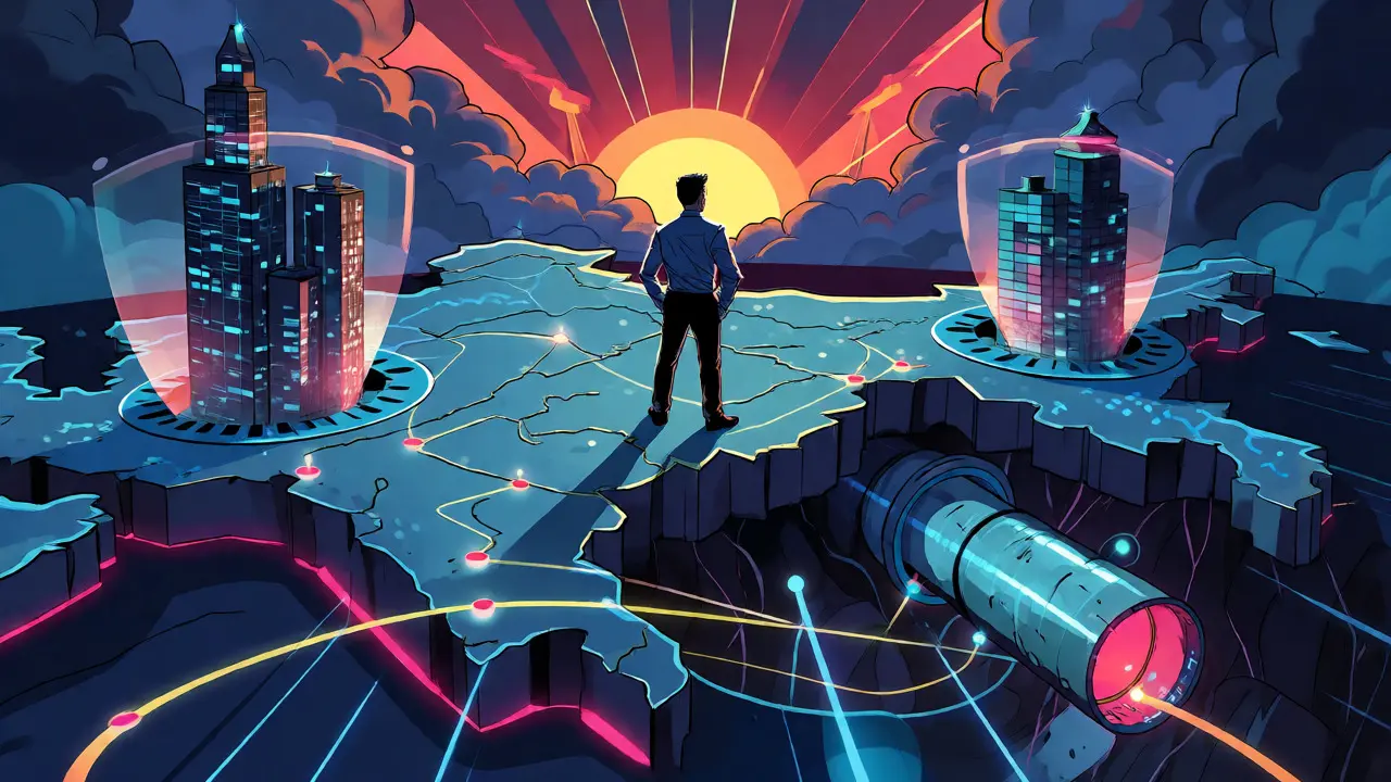 Futuristic comic map of South Asia with glowing crypto networks