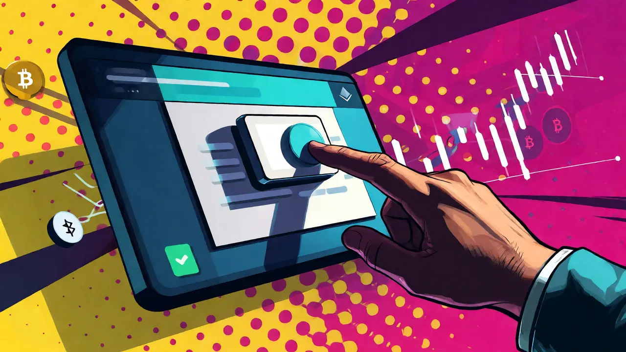 Hand interacting with sleek crypto trading interface in comic art