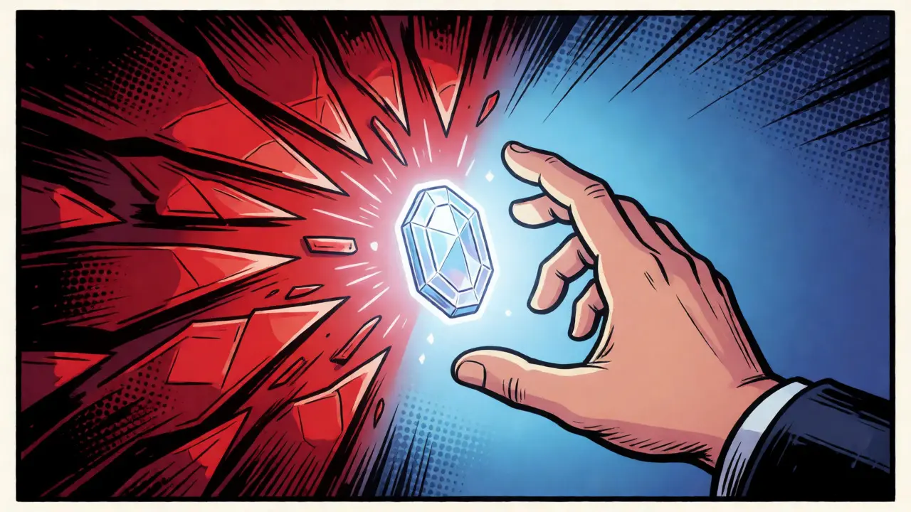 Hand reaching for a glowing token amidst red risk shards and blue security gradients in comic style.