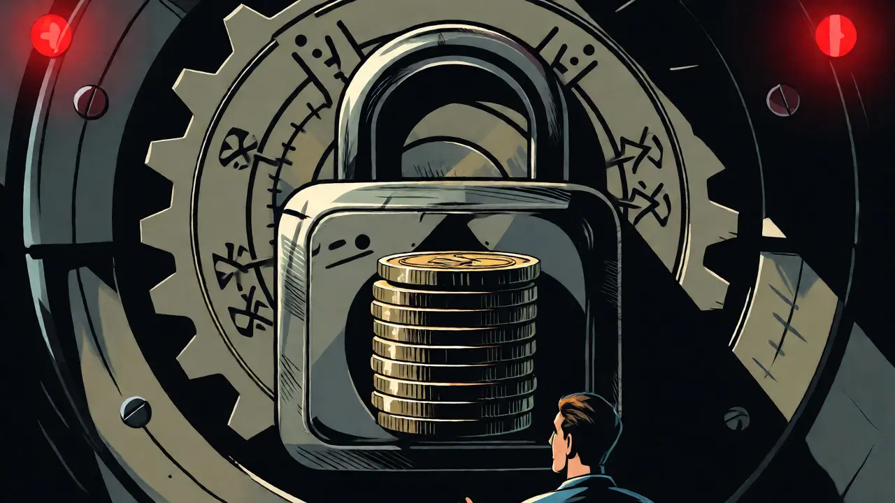 Large digital lock freezing funds with a worried person nearby
