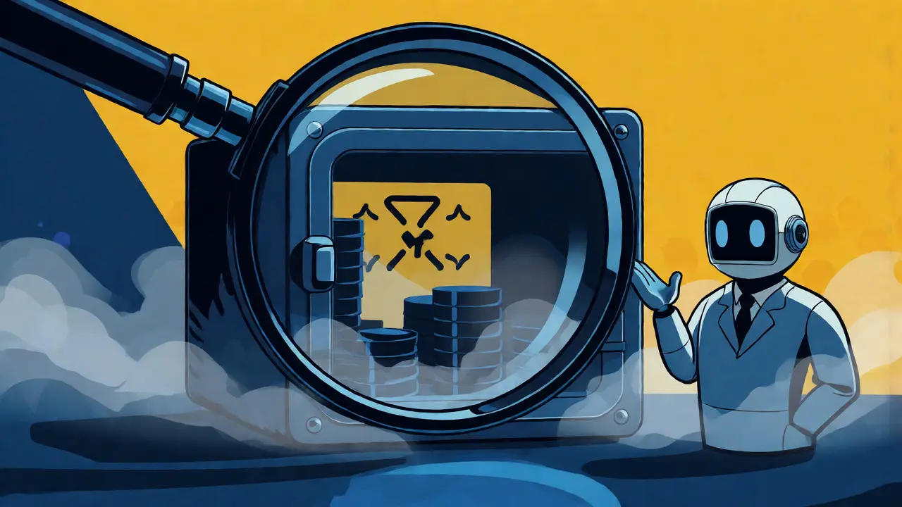 Magnifying glass revealing hidden details of crypto vault