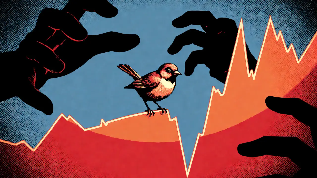 Pop art comic of a vulnerable pixel bird on a volatile graph line symbolizing low liquidity risks.