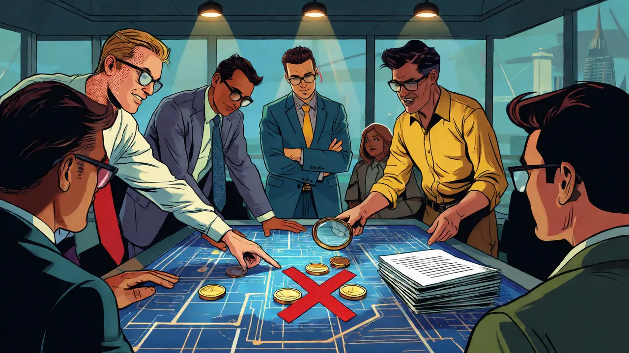 Pop art comic of regulators examining blueprints and banning privacy coins