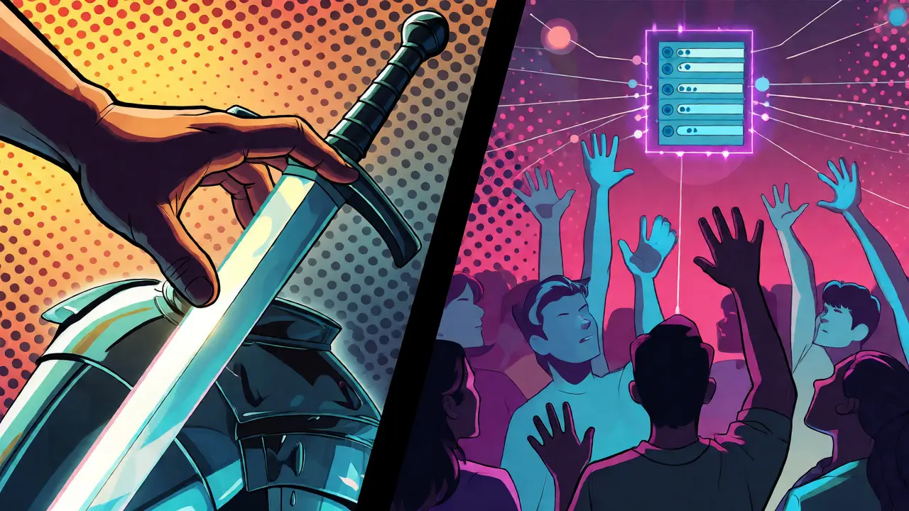 Pop art comic panel depicting in-game asset purchases and community voting for ARIA token governance.