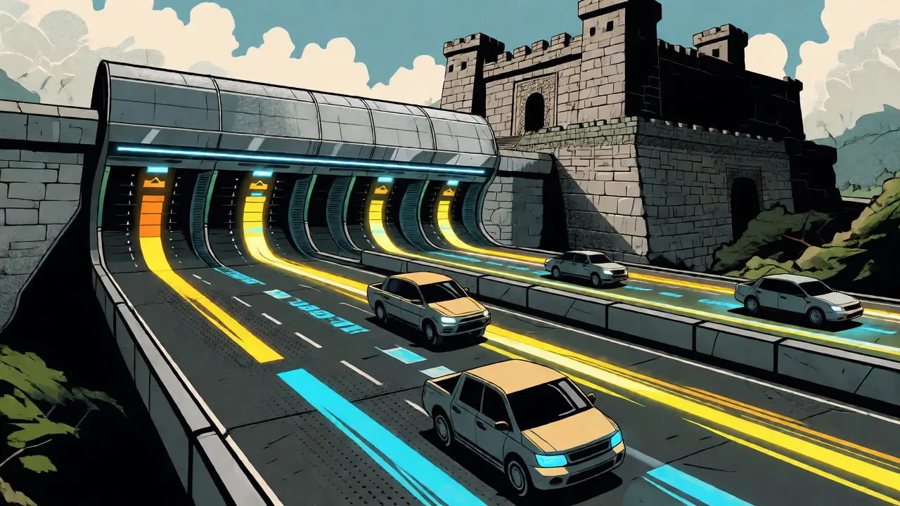 Pop art visualization of B3's Layer 3 gaming lanes settling onto the Base network highway.